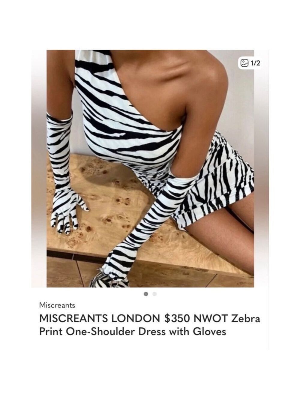 Women's MISCREANTS Zebra Print One-Shoulder Dress with Gloves White Black Size 4